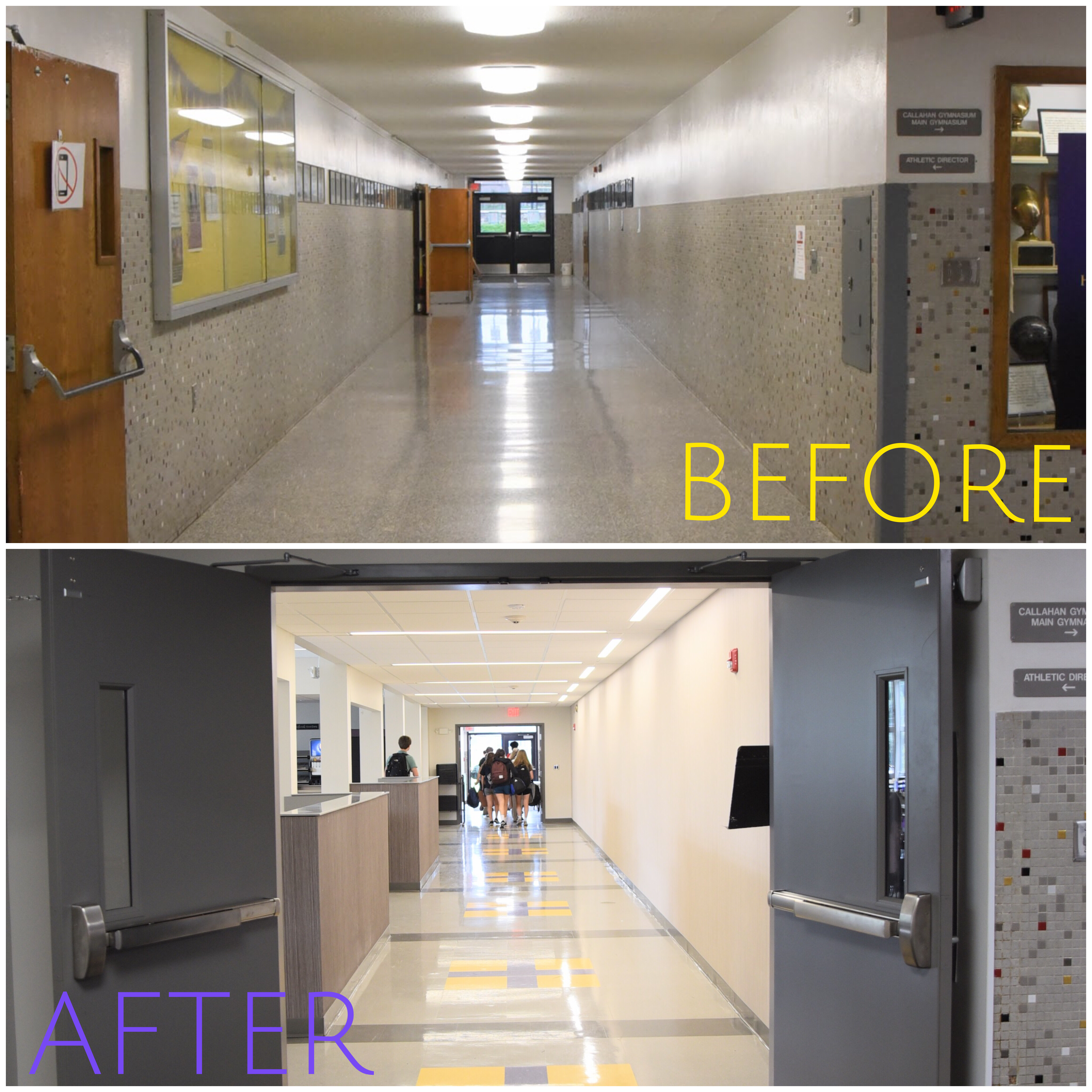 Dining Center hallway before and after